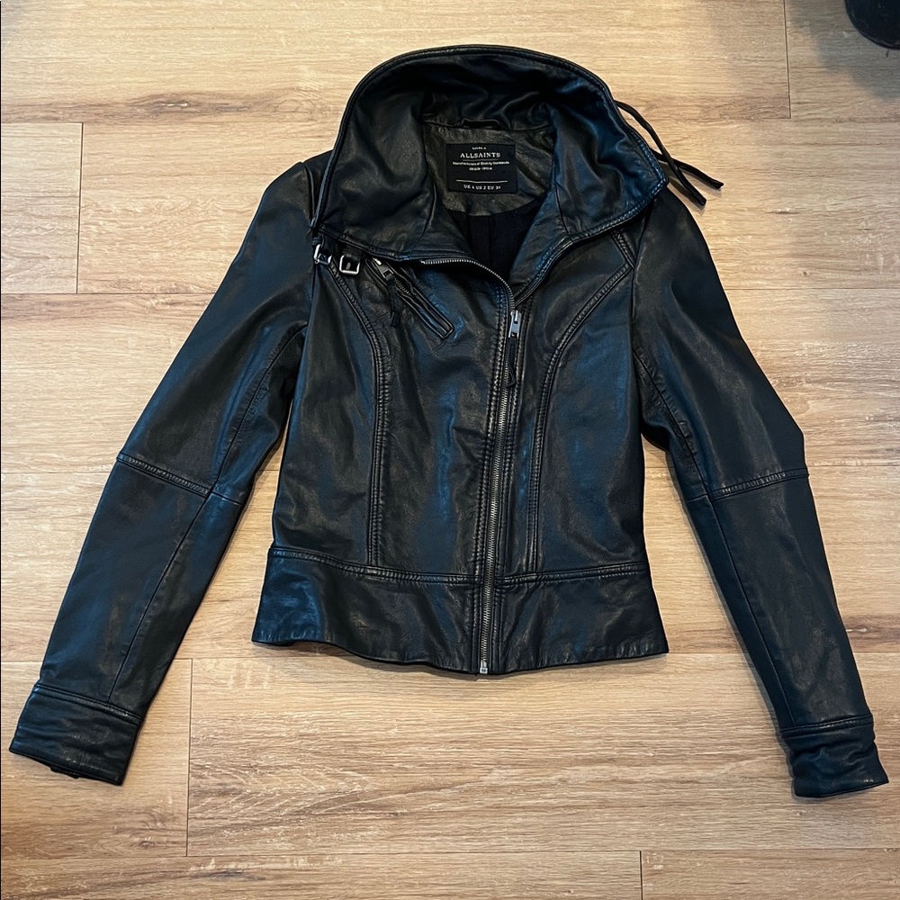 ALL SAINTS Black Belvedere Leather Moto Jacket Size - US 2 UK 6 - Picture 8 of 15